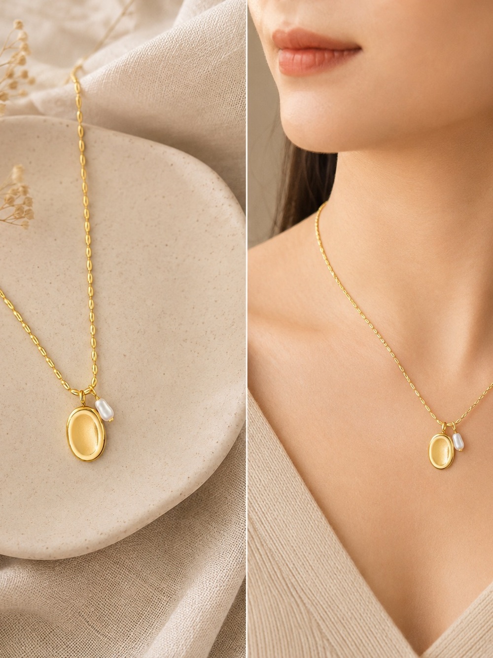 Gold Plated Pendant Necklace with Pearl Charm - Elegant Women's Jewelry - Picture 2 of 3